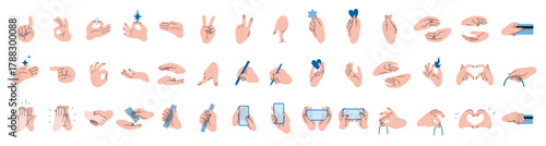 Bid set of hands showing gestures, emotions, and actions. Communication, body language, and expression concept. Trendy modern vector illustration isolated on white background, hand drawn, flat design
