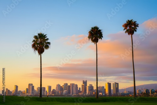 Golden Sunset Cityscape with Palm Trees and Warm Urban Glow