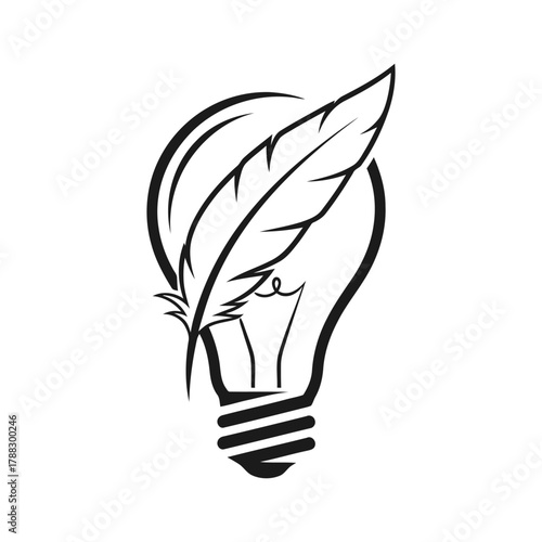 Lightbulb with a feather quill inside representing creative ideas and writing inspiration, symbolic Logo, Vector Art, Logo Design