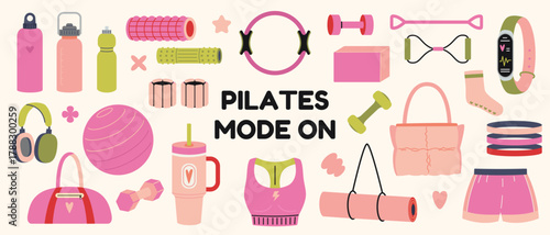 Set of accessories for pilates and home workout. Fitness, stretching and healthy lifestyle concept. Trendy modern vector illustration isolated on background, hand drawn, flat design