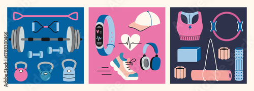 Equipment for strength training, running, and Pilates. Active lifestyle concept. Trendy modern vector illustration, hand drawn, flat design