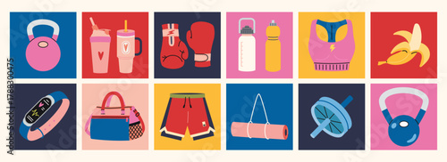 Square colorful icons with sport gear like kettlebell, boxing gloves, protein shake, sportswear and yoga mat. Bright design for active lifestyle. Trendy modern vector illustration, hand drawn, flat