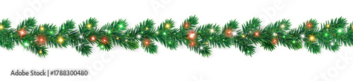 Seamless Christmas tree garland with colorful glowing lights and lush green branches. Bright festive decoration border for holiday cards and posters. Transparent background in vector file.