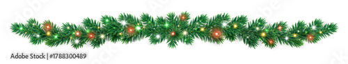 Christmas garland of green fir branches with colorful glowing lights. Bright festive divider for winter holiday decoration and design projects. Transparent background in vector file.