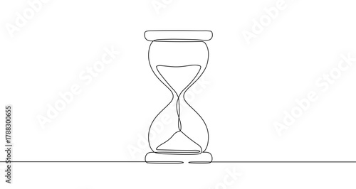 Classic hourglass with sand in one line art style. Symbol of time with editable black stroke on white background. Vector illustration.