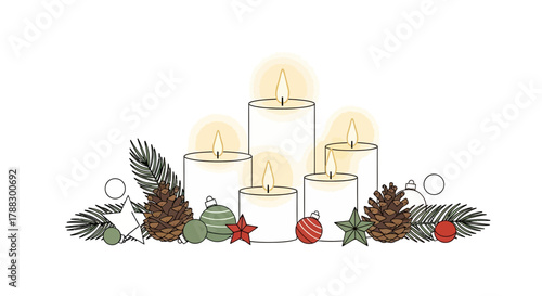 Festive arrangement of lit candles with pine cones fir branches and christmas ornaments on a white background