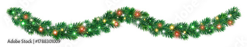 Bright Christmas tree garland of fir branches with multicolor glowing lights. Festive decorative divider for holiday banners, cards, and posters. Transparent background in vector file.