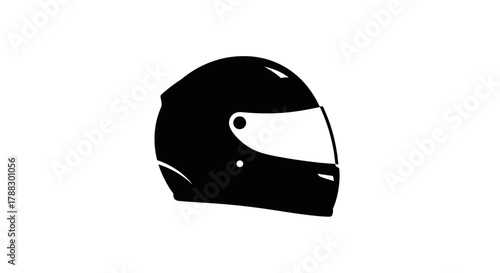 A black fullface helmet with a lightcolored visor is displayed against a white backdrop
