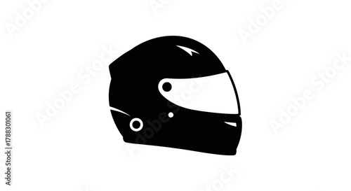 A black silhouette of a racing helmet with a white visor and ventilation holes is centered