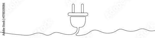 Electric plug with a cable coming from a wavy line in one line art style. Symbol of electricity with editable black stroke. Vector illustration.