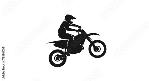A silhouette of a motorcyclist doing a wheelie on a dirt bike against a white background