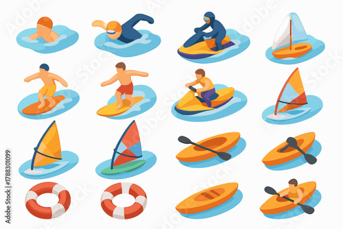 Isometric Water Sports Icons Set — Summer Ocean Activities