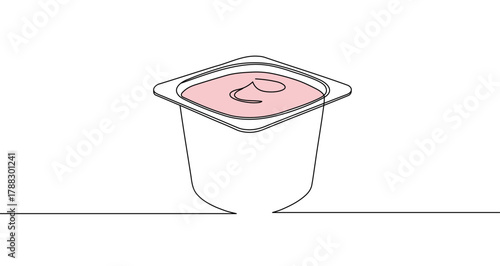 Square yogurt or dessert cup with pink contents in one line art style. Drawing of food packaging with editable black stroke. Vector illustration.