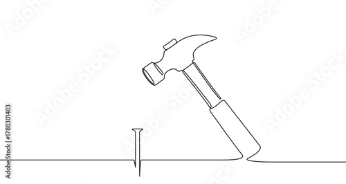 Classic claw hammer above a nail in one line art style. Symbol of construction with editable black stroke. Vector illustration.