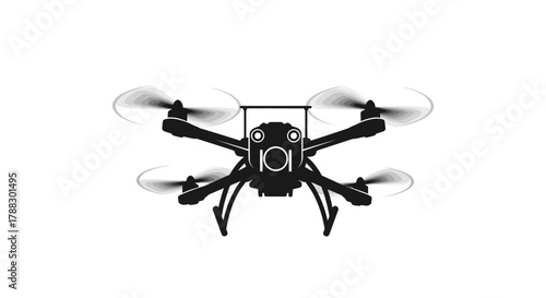 Black drone with rotating props camera on front isolated on a white backdrop