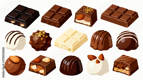 A collection of various chocolates, featuring cartoon hand-drawn vector illustrations, dark chocolate, white chocolate, hazelnut chocolate, filled chocolate, and heart-shaped chocolate