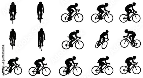 Black silhouettes of cyclists riding bicycles in rows and columns against a white backdrop