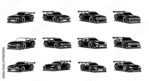 Grid of 12 black cars with spoilers  body kits all facing left on a white background