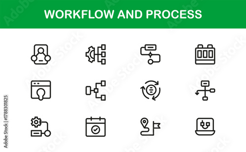 Workflow and process icon pack displaying automation dashboards, task tools, and productivity apps