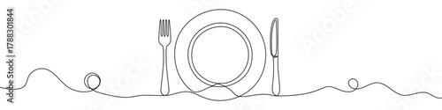 Plate, knife, and fork in one line art style. Symbol of dining and restaurant with editable black stroke. Vector illustration.