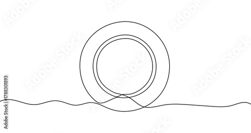 Voluminous round plate consisting of two circles in one line art style. Drawing of dishware with editable black stroke on white background. Vector illustration.