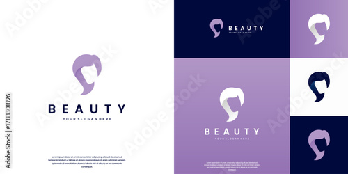 beauty logo with a soft yet modern style, fashion, simple female silhouette, graphic design template.