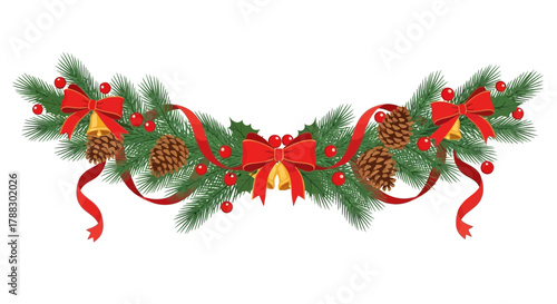 Festive christmas garland with pine branches red bows golden bells pine cones and holly berries