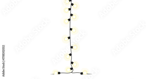 A string of warm yellow glowing christmas lights arranged vertically and horizontally on a white background