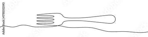 Fork positioned horizontally in one line art style. Symbol of dining and cutlery with editable black stroke. Vector illustration.