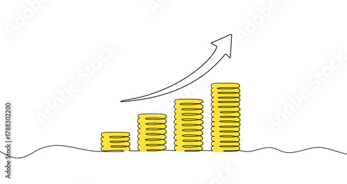 Four golden stacks of coins in increasing height with a curved arrow pointing up in one line art style. Symbol of financial growth and success with editable black stroke. Vector illustration.