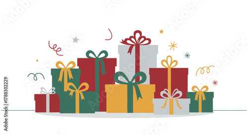 A festive pile of colorful gift boxes with bows and confetti perfect for celebrations and holidays