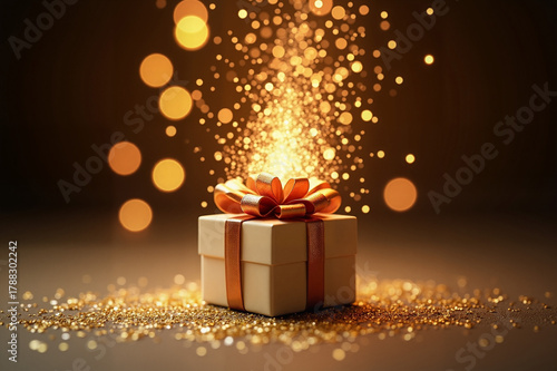 Festive gift sparkles with golden bokeh against a dark background.