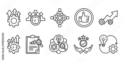 kaizen icon set collection in outline style. Icon pack contain kaizen, Improvement,efficiency, teamwork,  quality, advancement, productivity,evaluation continuous, succes, implementation