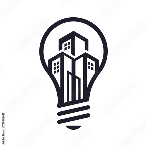 Modern building silhouette inside a light bulb symbolizing innovation, symbolic Logo, Vector Art, Logo Design