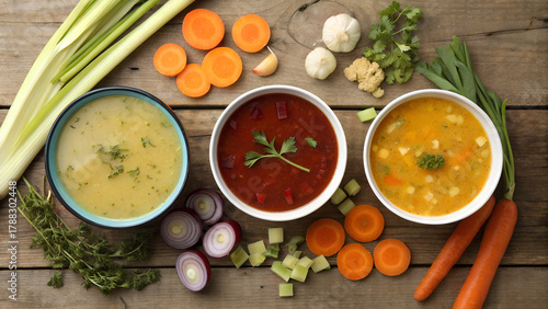 Set of soups from worldwide cuisines, healthy food. Broth with noodles, beef soup and broth with marrow dumplings. All soups with healthy vegetables on table