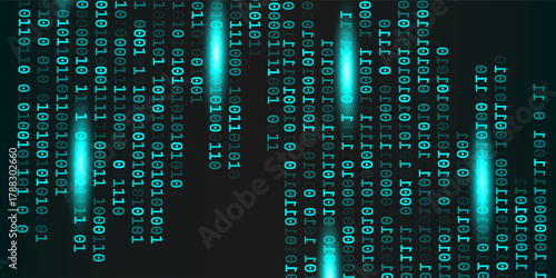 Binary matrix background. Falling digits on dark backdrop. Running random numbers. Abstract data concept. Blue futuristic cyberspace. Vector illustration.