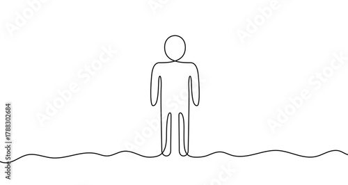 Man figure full length in one line art style. Male drawing with editable black stroke on white background. Vector illustration.