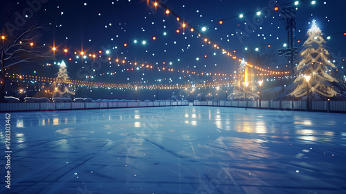 Winter ice skating rink decorated with lights and Christmas trees  