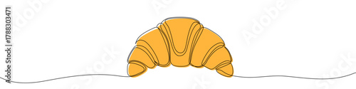 WebCroissant with yellow fill, drawn with one continuous line. Drawing of French pastry with editable black stroke on white background. Vector illustration.