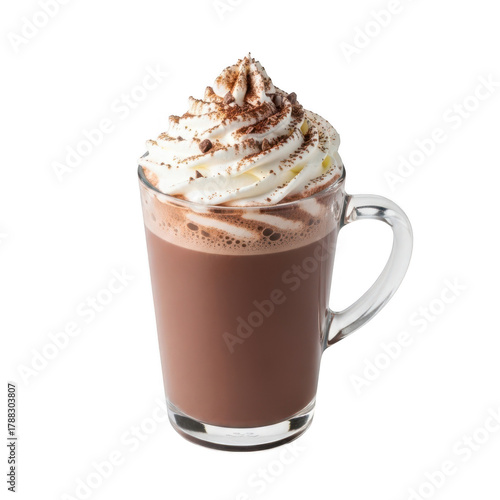 Delicious rich hot chocolate drink with whipped cream and chocolate shavings in a clear glass mug isolated on transparent background