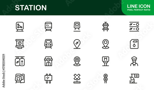 Elegant Station Icon Library illustrating Railway Terminals, Bus Hubs, Metro Lines, and Travel Tools
