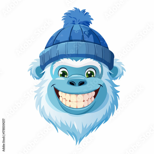 Cartoon yeti head with a blue knit hat and a big smile.