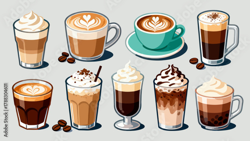 A variety of coffee collections, cartoon hand-drawn vector illustrations, lattes, Americano, mocha, Italian coffee, coffee beans, coffee powder, latte art coffee, coffee POTS