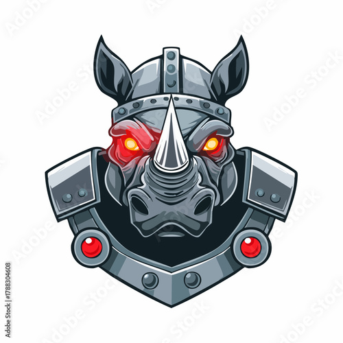 A fierce rhinoceros warrior wearing a metallic helmet and armor with glowing red eyes.