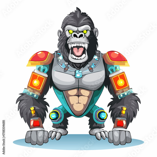 A fierce gorilla character with robotic armor, showcasing a powerful and intimidating presence.
