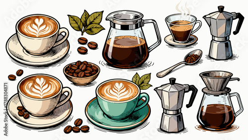 A variety of coffee collections, cartoon hand-drawn vector illustrations, lattes, Americano, mocha, Italian coffee, coffee beans, coffee powder, latte art coffee, coffee POTS