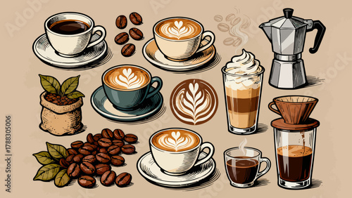 A variety of coffee collections, cartoon hand-drawn vector illustrations, lattes, Americano, mocha, Italian coffee, coffee beans, coffee powder, latte art coffee, coffee POTS