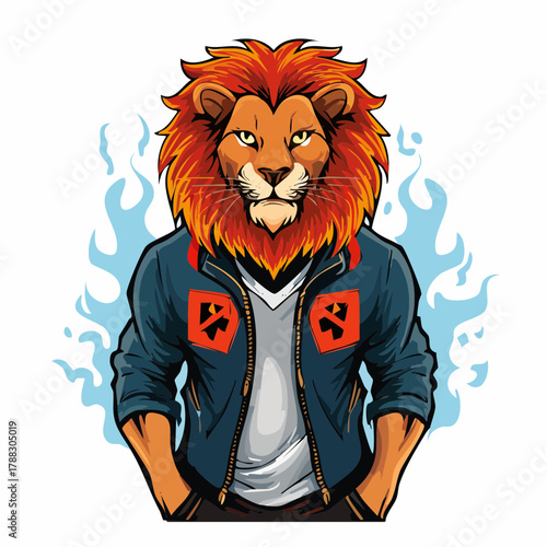 A cool anthropomorphic lion character with a fiery mane wearing a stylish blue jacket.