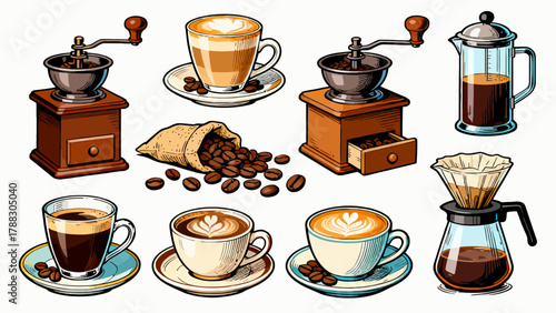 A variety of coffee collections, cartoon hand-drawn vector illustrations, lattes, Americano, mocha, Italian coffee, coffee beans, coffee powder, latte art coffee, coffee POTS
