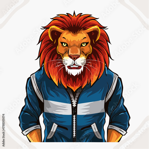 A stylized illustration of a lion wearing a blue and white striped jacket, with a fierce expression.